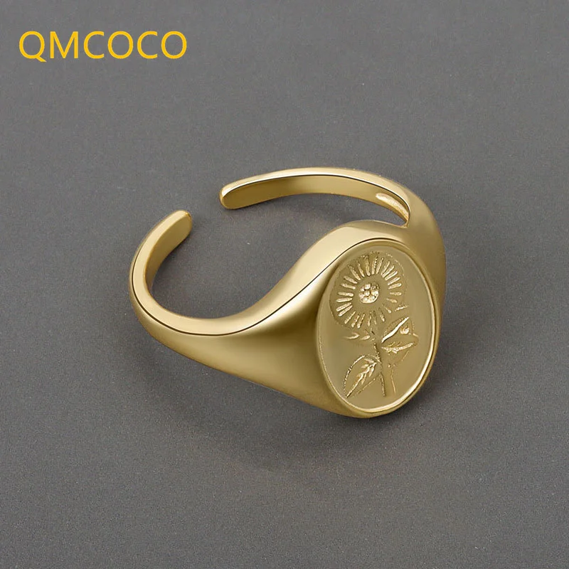 QMCOCO Silver Color Rings For Women Flower Pattern Vintage Trendy Jewelry Open Adjustable Simple Female Rings