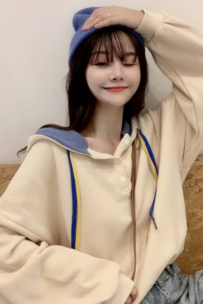 

New Spring Autumn Harajuku Hoodies Women Casual Loose Lazy Wind Batwing Sleeve Drawstring Hooded Sweatshirt Student Chic Tops