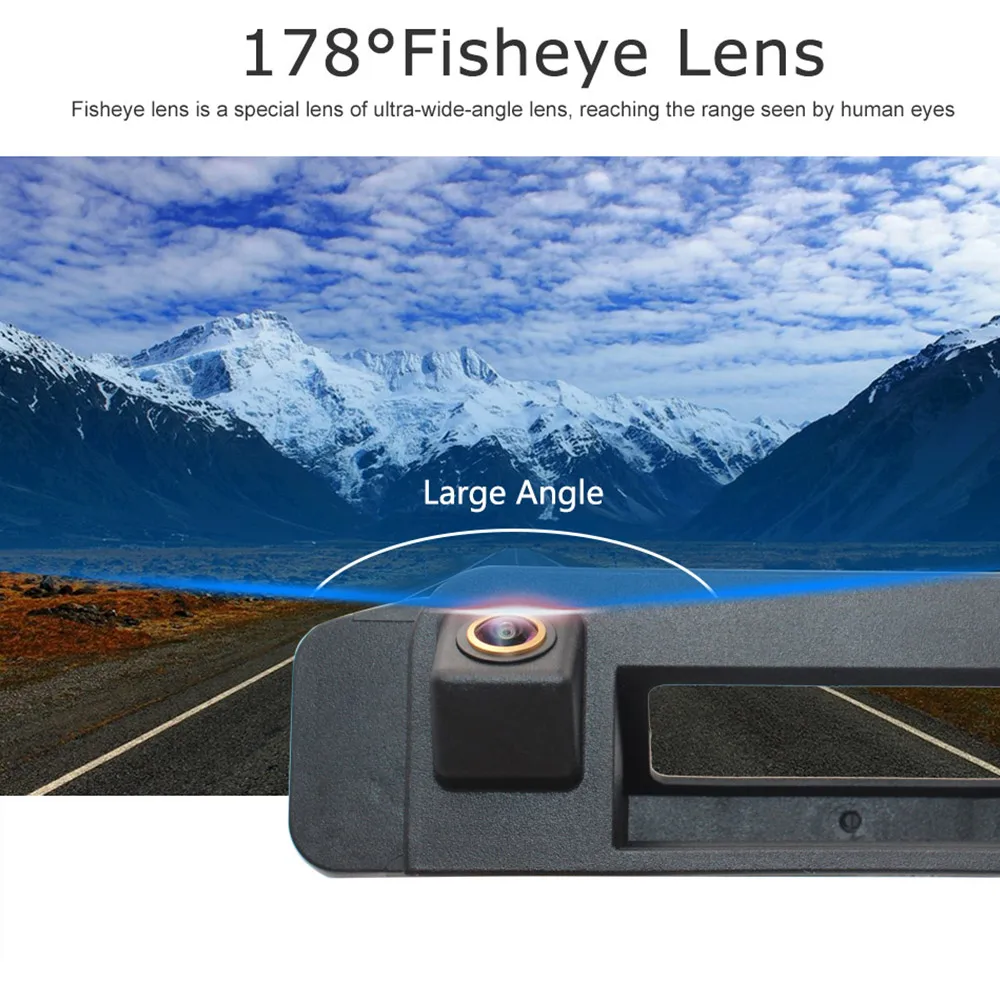 

HD large angle dynamic fisheye trajectory reversing camera with golden frame,suitable for 15/16 Mercedes-Benz C CLA Trunk handle