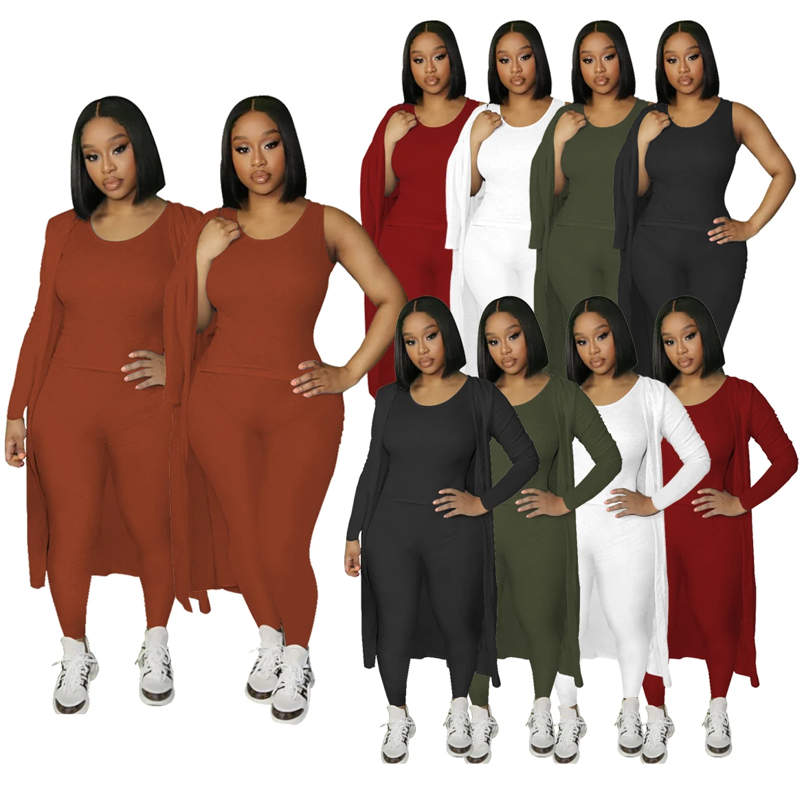 

W8236 European and American autumn women's vest LONG CARDIGAN pants three piece solid color elastic cotton imitation fabric set