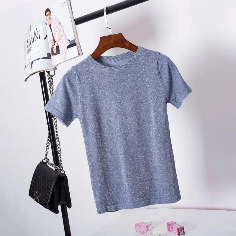

Summer Ice Silk Womens T-shirts Fashion Short Sleeve Round Collar Casual Woman T-shirts Luxury Loose Knitting Lady T-shirts