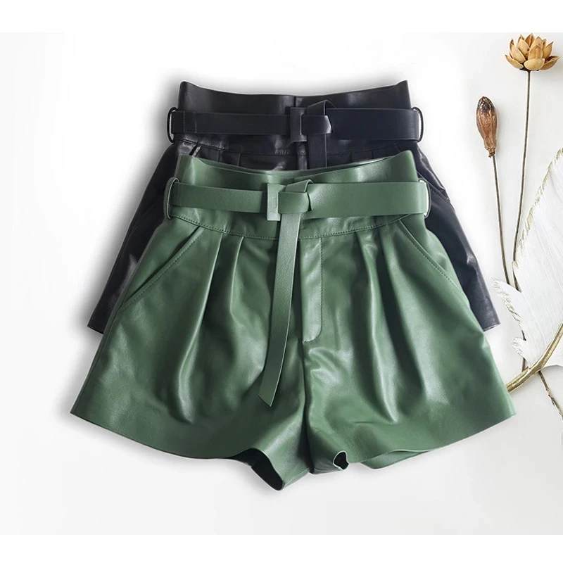 New Women Genuine Leather Bud Pleated Falbala Shorts With Belt Femme High Waist Hhaki/Green Casual Mujer Sexy Booty Shorts