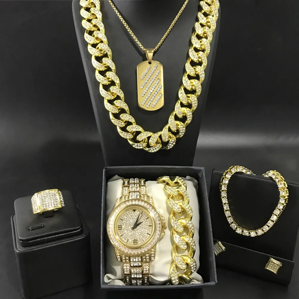 

Мужские часы в стиле хип-хоп с кубинским ожерельем золотого цвета Роскошные мужские часы, браслеты, кольца и серьги комбинированные кубинск...