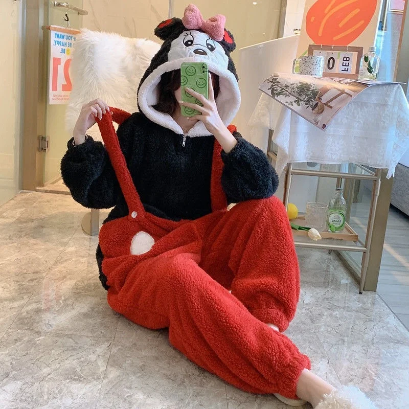 Pajamas Female Autumn and Winter Cute Cartoon Hooded Coral Velvet Thickened Flannel Warm Home Clothes Can Be Worn Outside Pajama