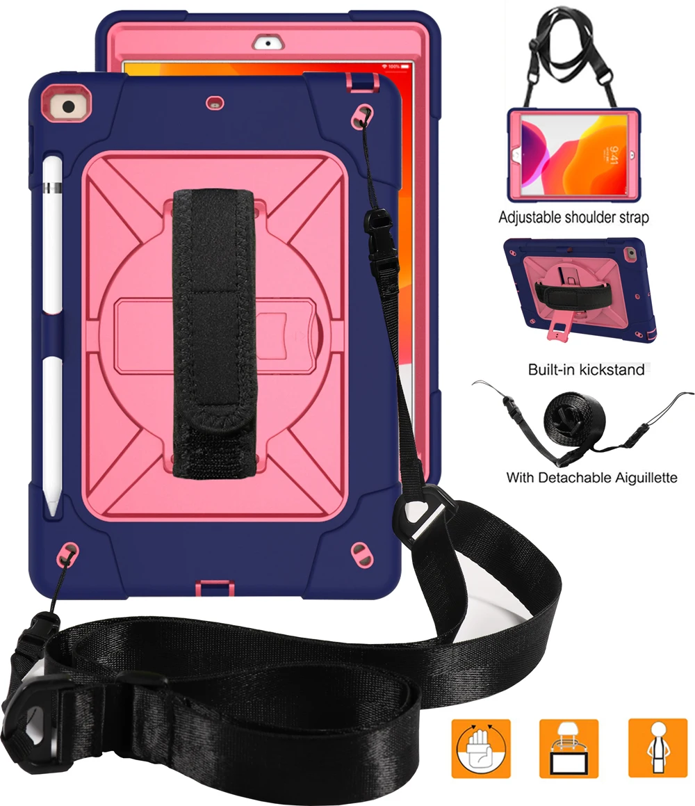 dark blue rose red Чехол для планшета для iPad 10,2 7-го поколения 10,", детский сверхпрочный защитный чехол, вращающаяся подставка/ремешок на руку+ плечевой ремень - Цвет: dark blue rose red