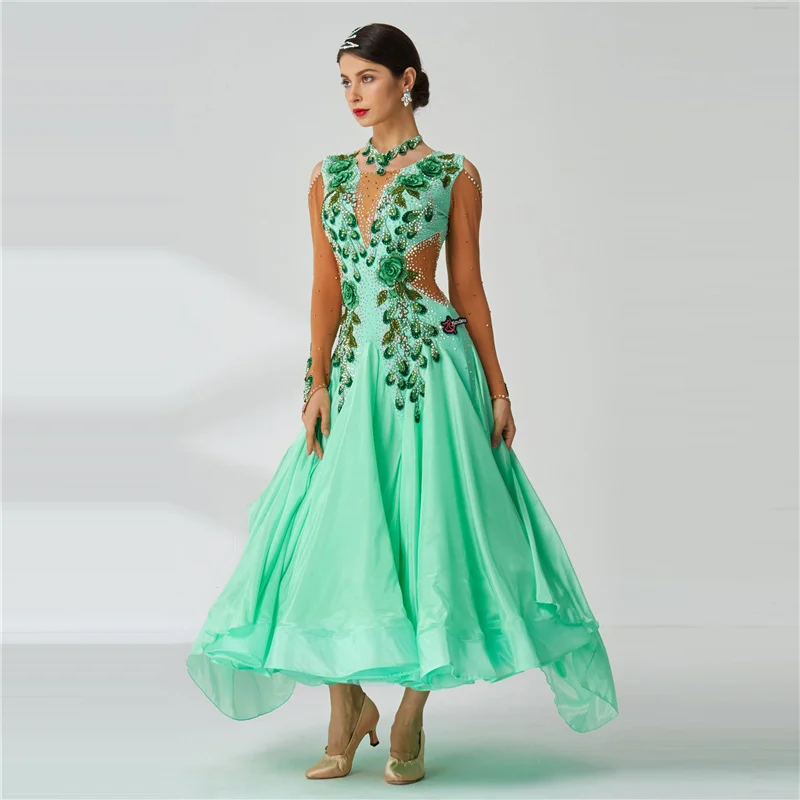 B-2015 Custom New Standard Ballroom Dance Dress Girls Modern Competition Ballroom Dresses Latin Dance With Pearl Silk For Women