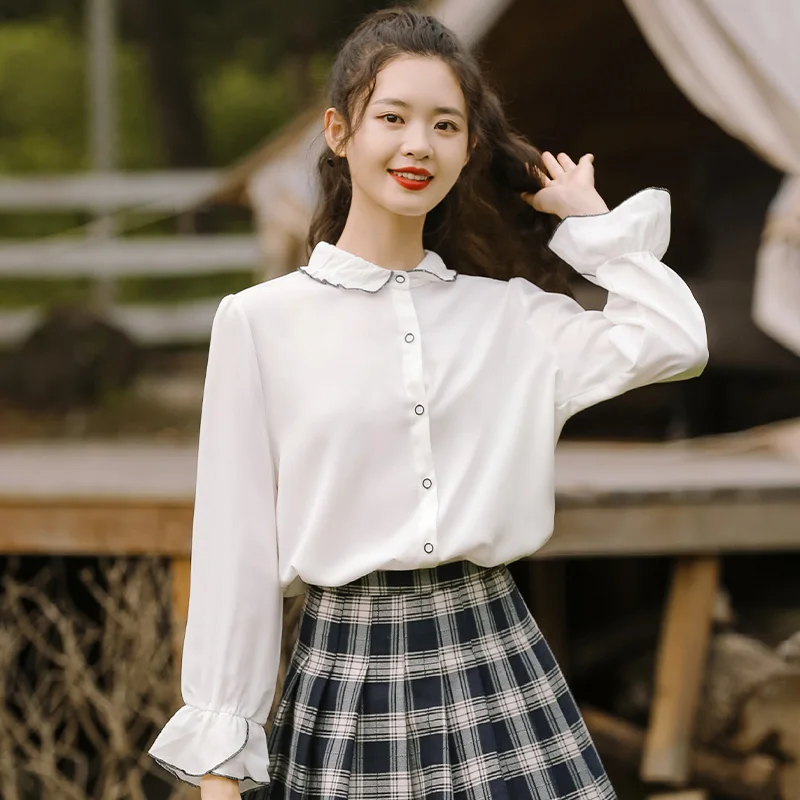 Шикарная белая рубашка цвета хаки с оборками на весну и осень 2020 Женский Топ