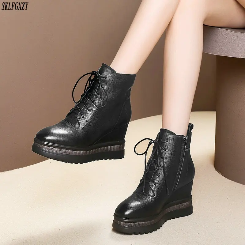 

2019 Genuine Leather Warm Winter Boots 8 cm wedges Shoes Women Ankle Boots Female Wedges Boots Women Boot Platform Shoes