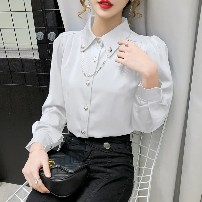2021 New Chiffon Shirts for Women Solid Polo Collar Chain Office Lady Blouses Spring Female Clothes Black White Clothing Tops