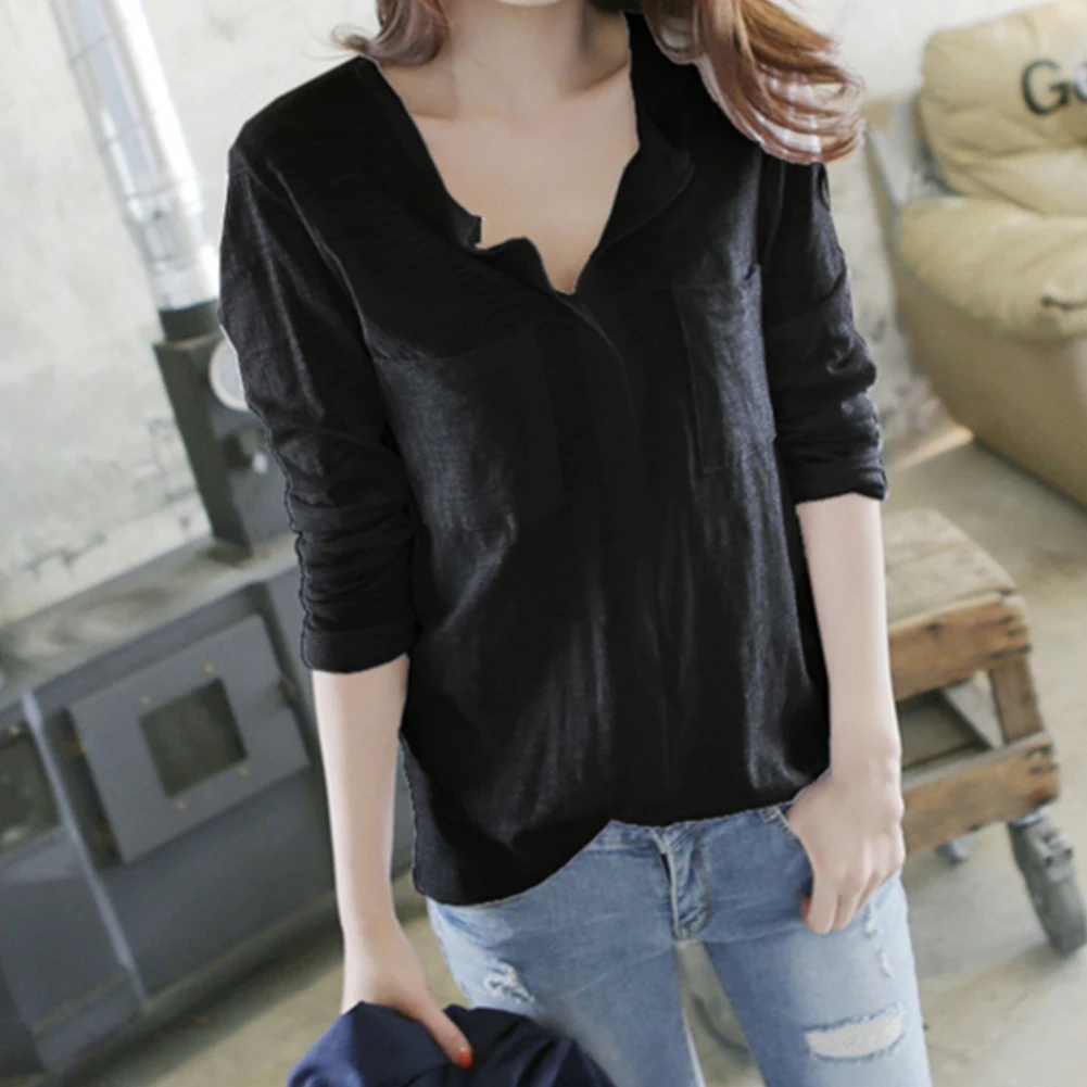 

Women Autumn Casual Solid Color V Neck Shirt Pockets Slub Cotton Loose Blouse