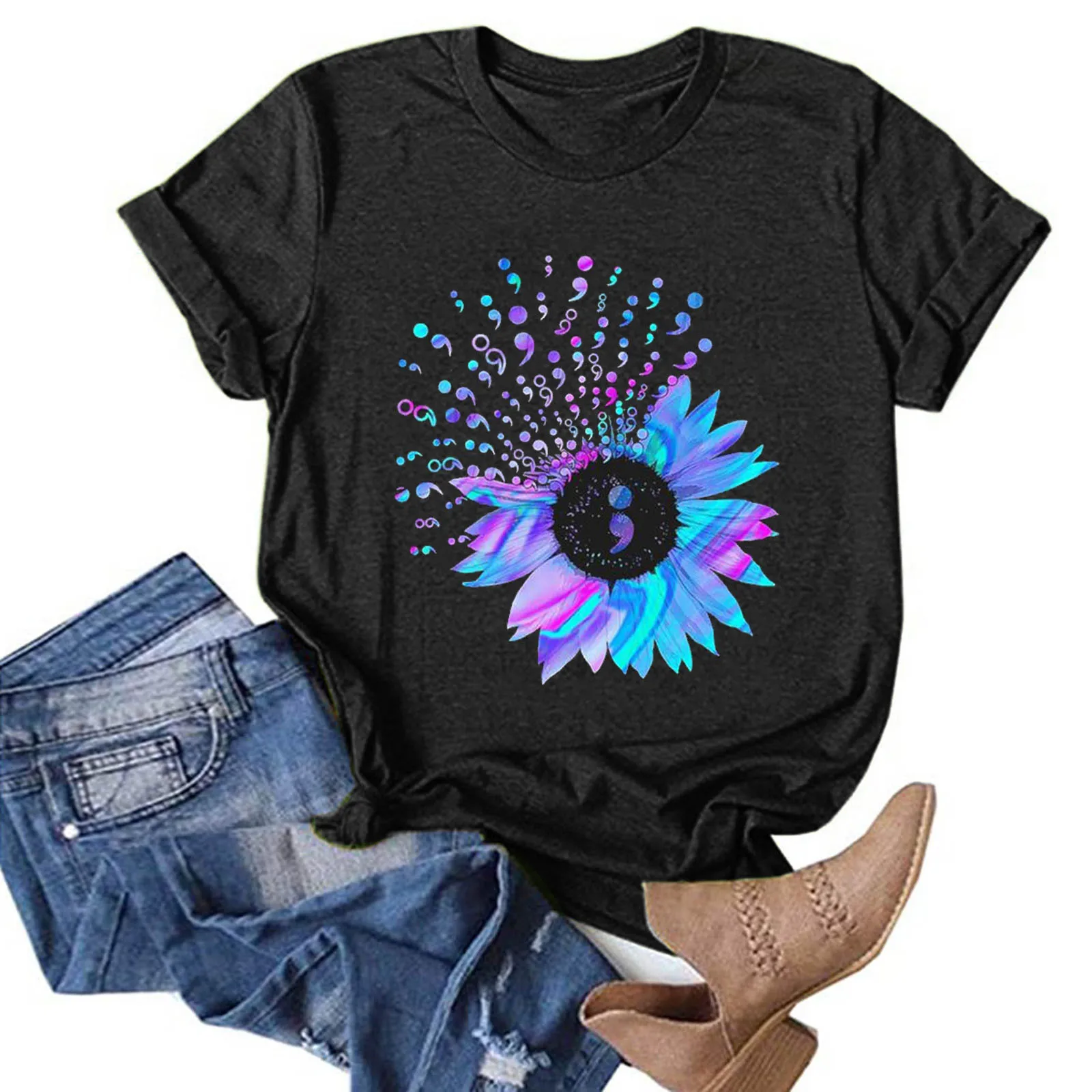 

Women Casual Short Sleeve Round Neck Sunflower Splicing Printing T-Shirt Solid Color Blouse Top Daily All-match Girls T-shirt