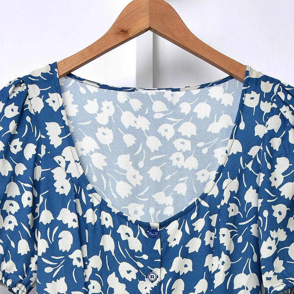 Принтом в стиле ретро для женщин средней длины тонкое платье с буффами на рукавах