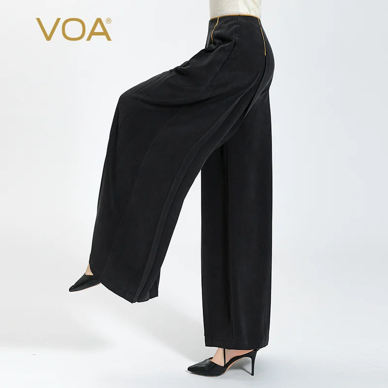 

VOA/простые черные шелковые брюки с потертостями; Офисные женские свободные брюки с трехмерными складками; Свободные готические широкие брюки; Сезон осень; KE627