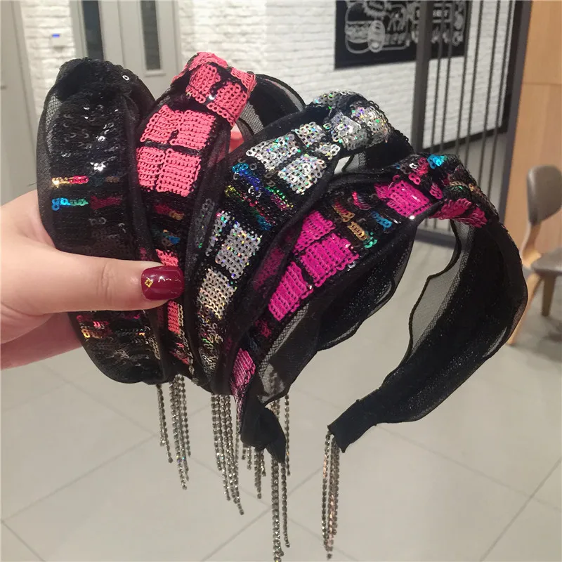 

Korea Sequins Knot Hairbands Knitted Tassel Headbands Women Fashion Broad Brim Hair Accessories Black Mesh Rhinestone Headdress