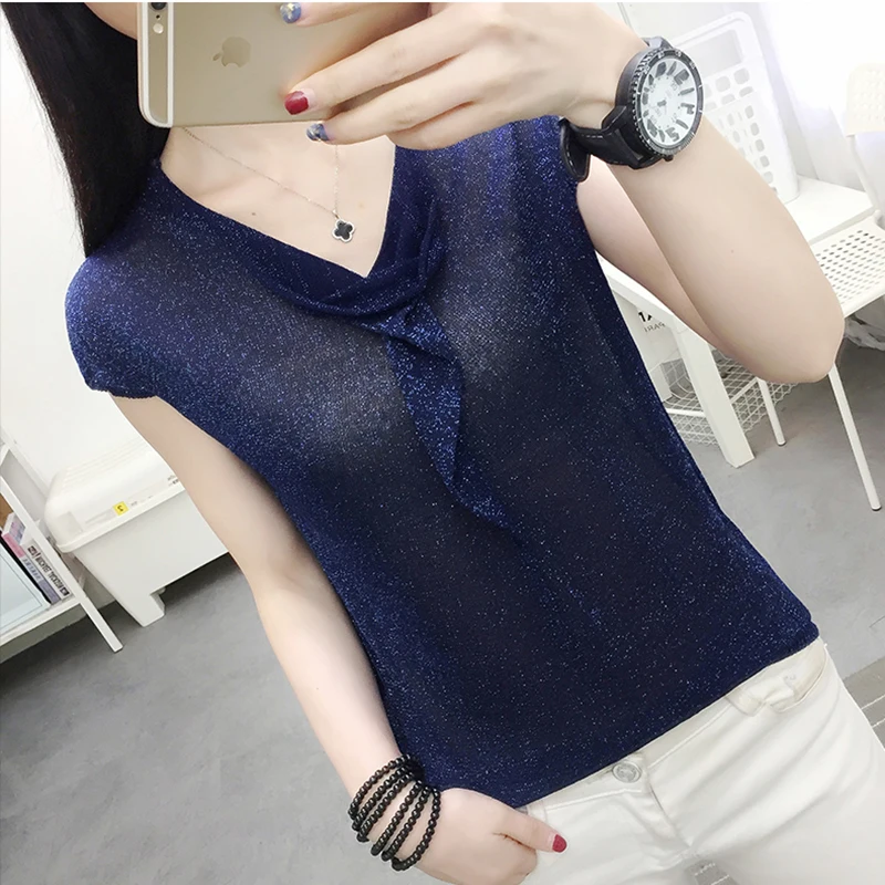 Lurex Women's knitted T-shirt Tops Ruffled V-neck Tshirt Loose casual soft knitting Tee shirt Female 2020 summer Dames T | Женская
