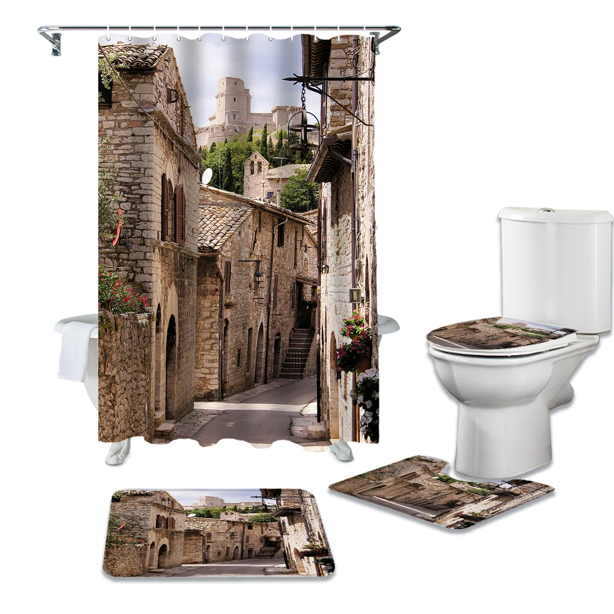 Средневековые города водонепроницаемая душевая занавеска набор ковриков