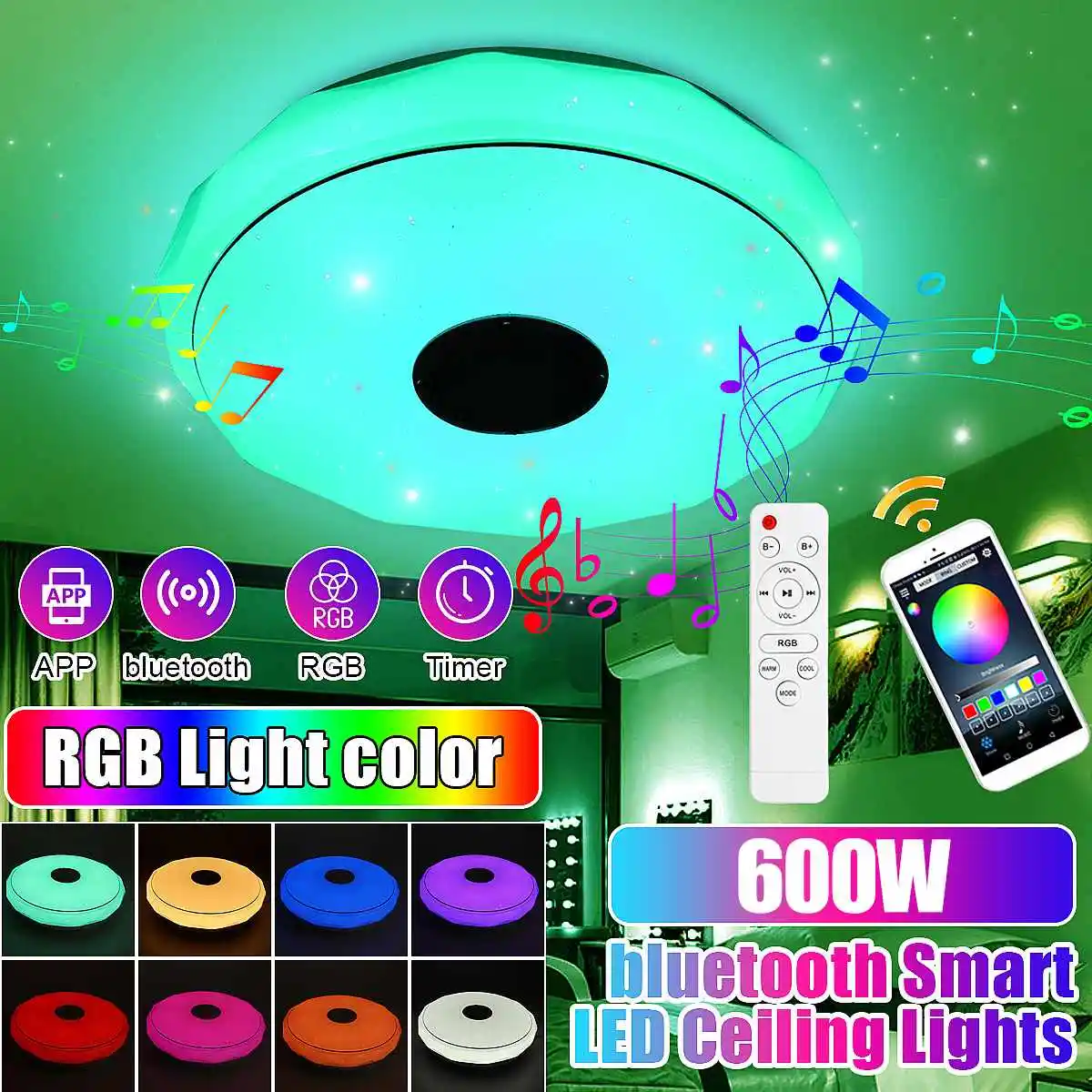 

RGB-светильник потолочный светодиодный с Bluetooth-динамиком, 600 Вт