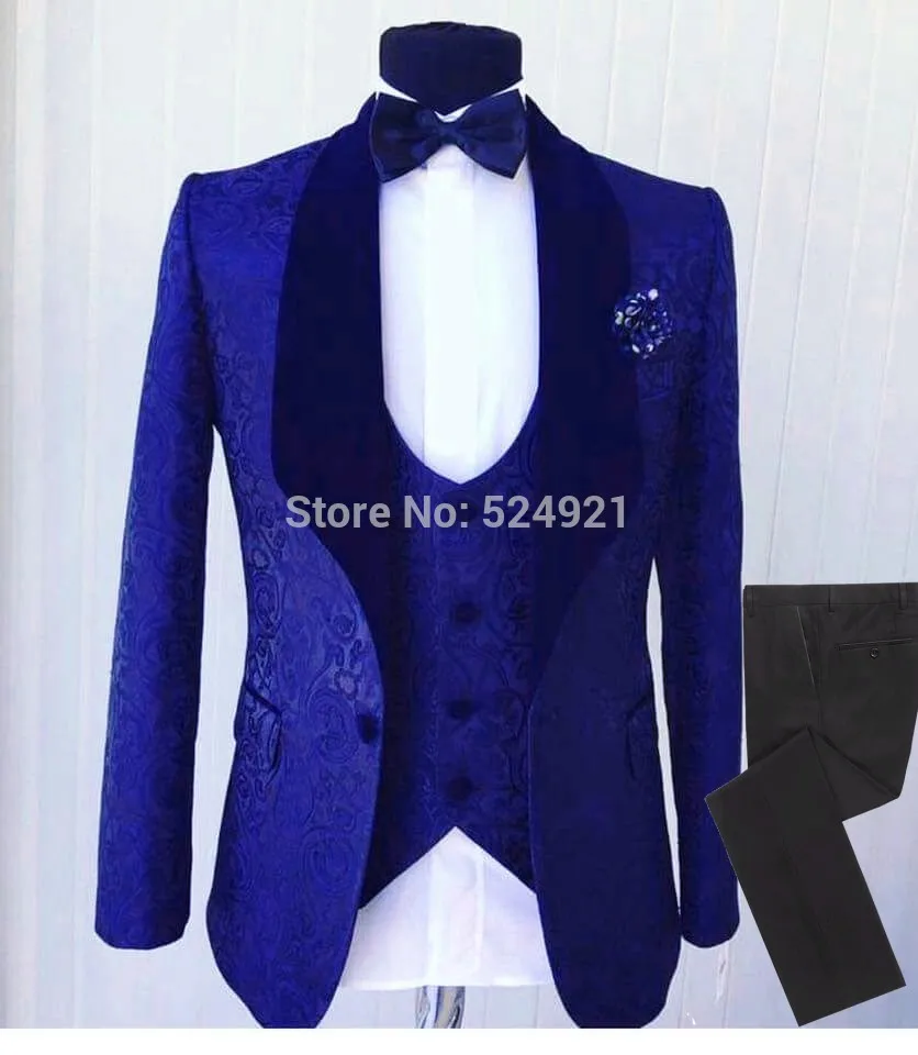 

Мужские костюмы черного и Королевского синего цвета, смокинги для жениха, шаль с бархатными лацканами, Женихи для мужчин, для свадьбы, Лучший человек (пиджак + брюки + жилет + галстук), C705