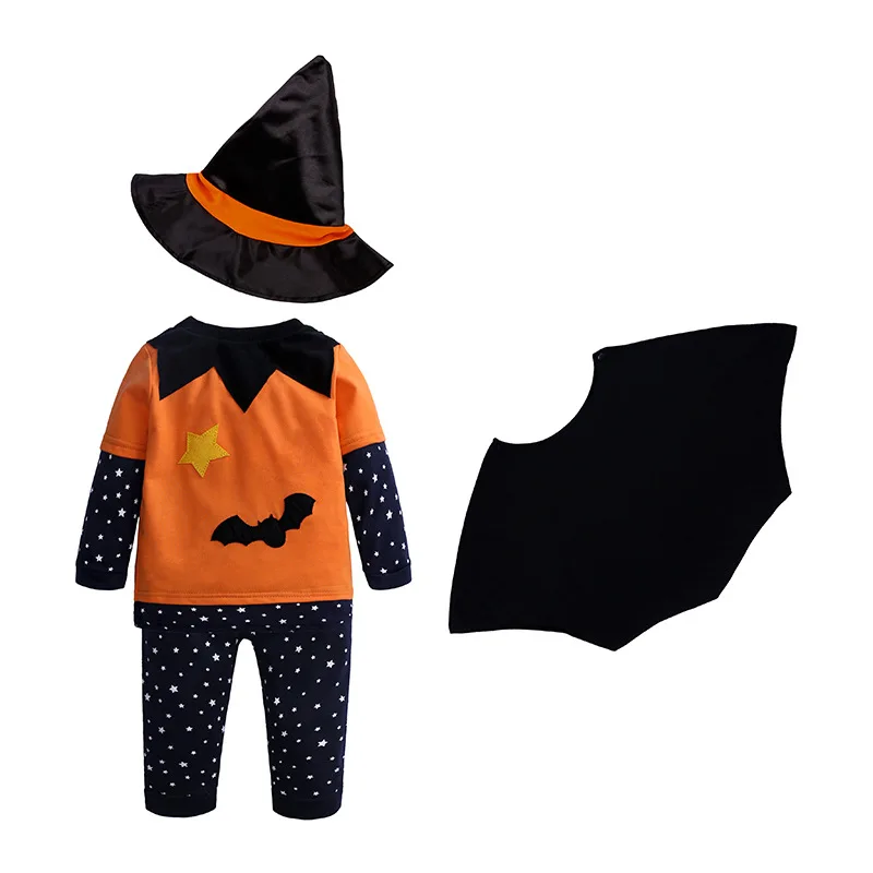 

Boys Halloween Sets Girls Cool Cosplay Clothes Sets Kids Pumpkin Top Star Printed Pants Cloak and Hat 4pcs Suit for Party