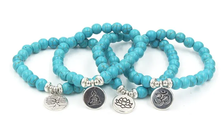 

8mm gd2 elastic adjusted nature stone Frosted agate Onyx black volcanic lava turquoise Lotus life tree Buddha Bracelet