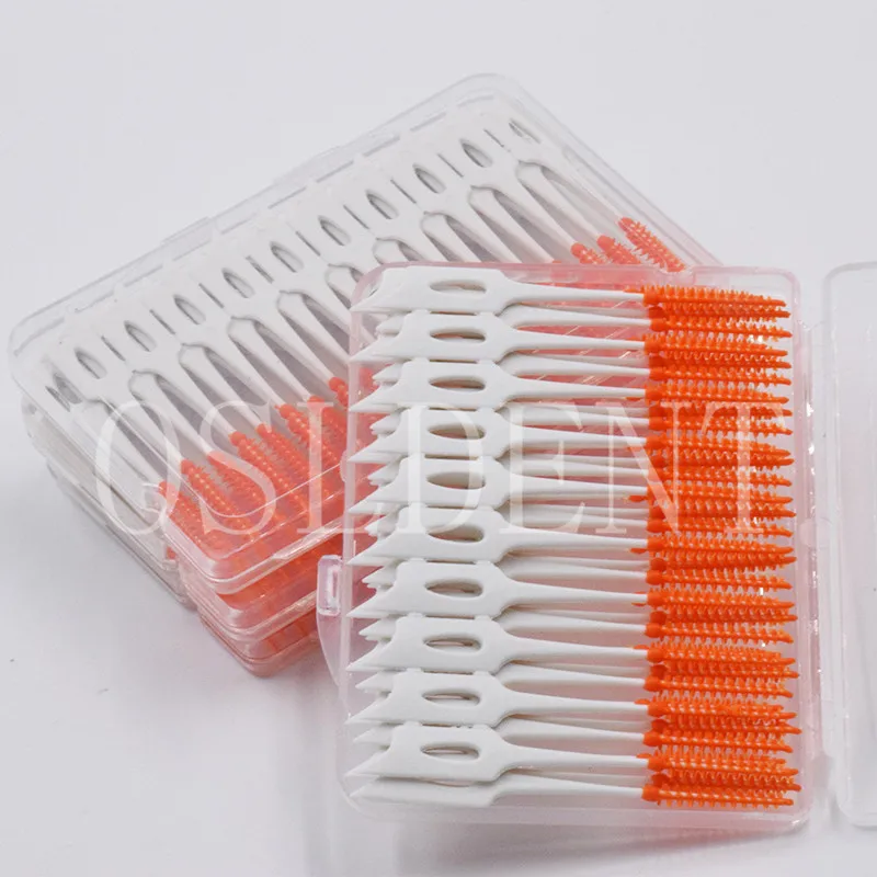 

80 Pcs/Box Orange Dental Soft Rubber Floss Brushes Disposable Oral Clean Tool Interdental Care