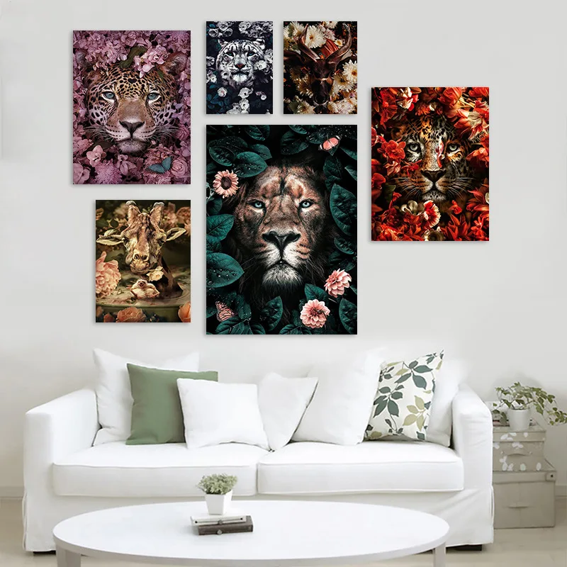 

Animal Grass Flower Canvas Decorative Painting Lion Tiger Abstract Paintings for Home Wall Living Room Decor Beauty Pictures