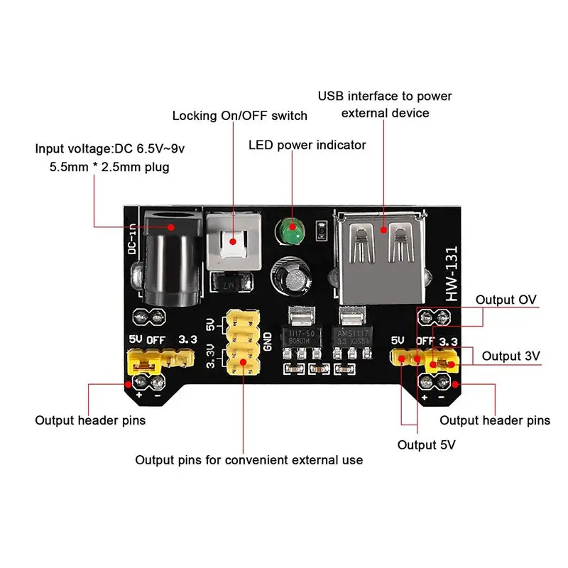 3Pcs 3.3V 5V MB102 Беспаячная плата питания макетной платы с модулем питания от аккумулятора 9V и кабелем с зажимом 2.1x 5.5mm Мужской для Arduino.