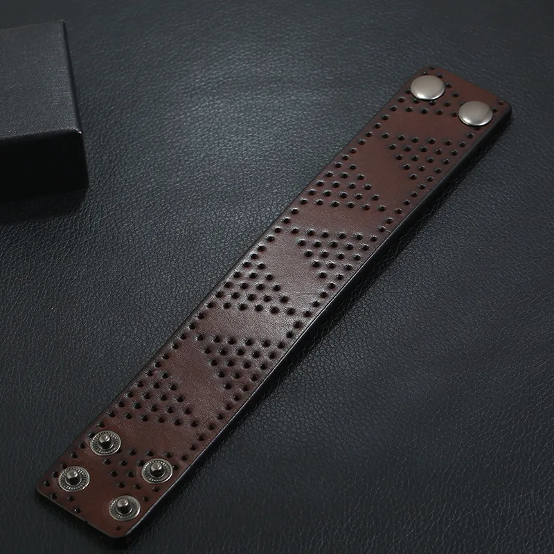 Мужской винтажный браслет из натуральной кожи широкий воловьей с металлическими