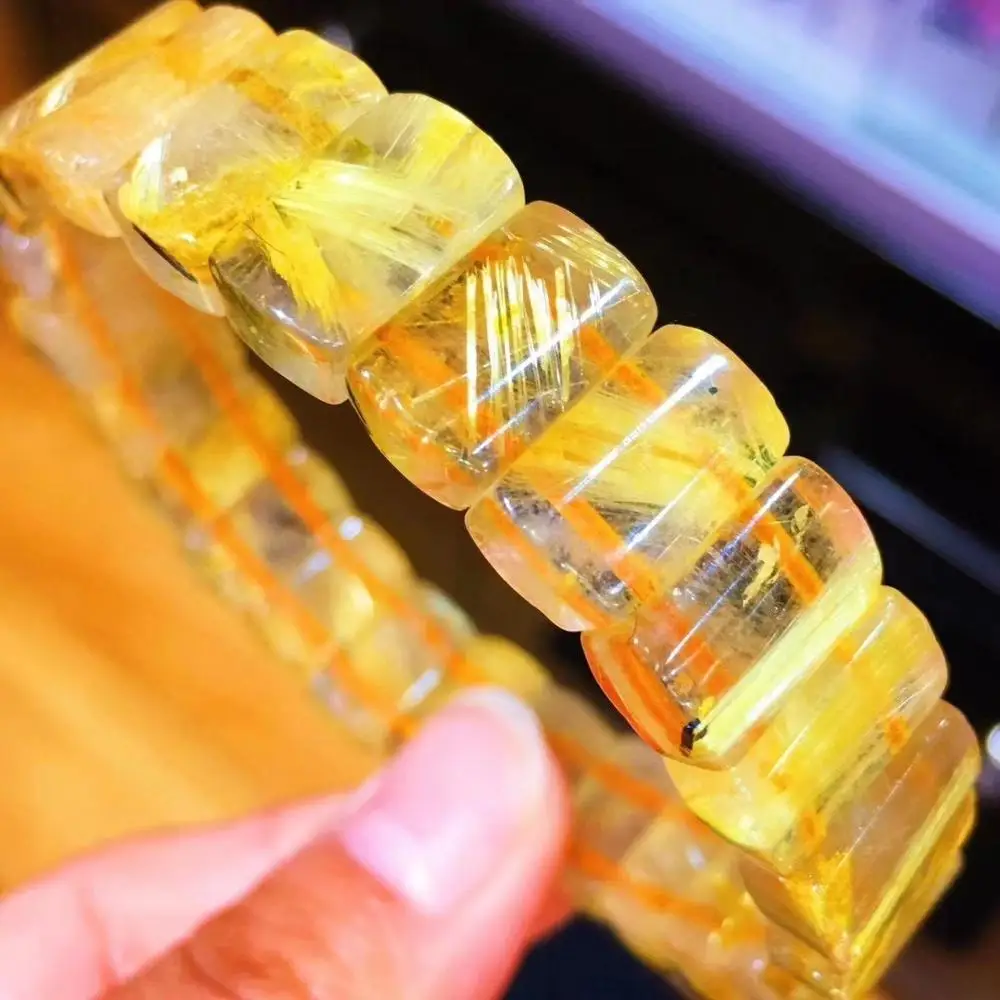 

Genuine Natural Gold Flower Rutilated Quartz Bracelet Titanium 13.4x8.7x5.4mm Rectangle Beads Luxury Bracelet Bangle AAAAA
