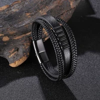 fashion 3 layers black gold punk style design genuine leather bracelet for men steel magnetic button birthday gift male bracelet