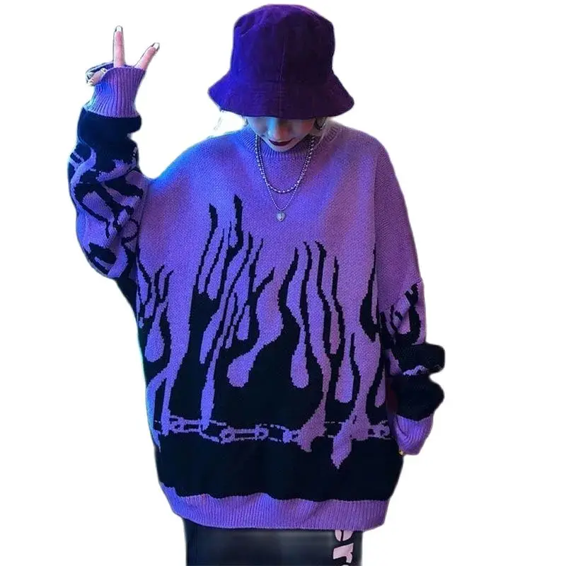 

Женский вязаный свитер Goth Street Y2k, Свободный пуловер фиолетового цвета в Корейском стиле, одежда для влюбленных, Осень-зима