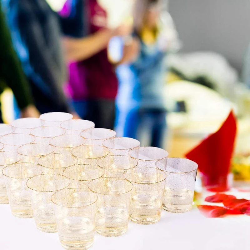 12OZ золотого Пластик чашки одноразовые с золотым блеском прозрачные для дома