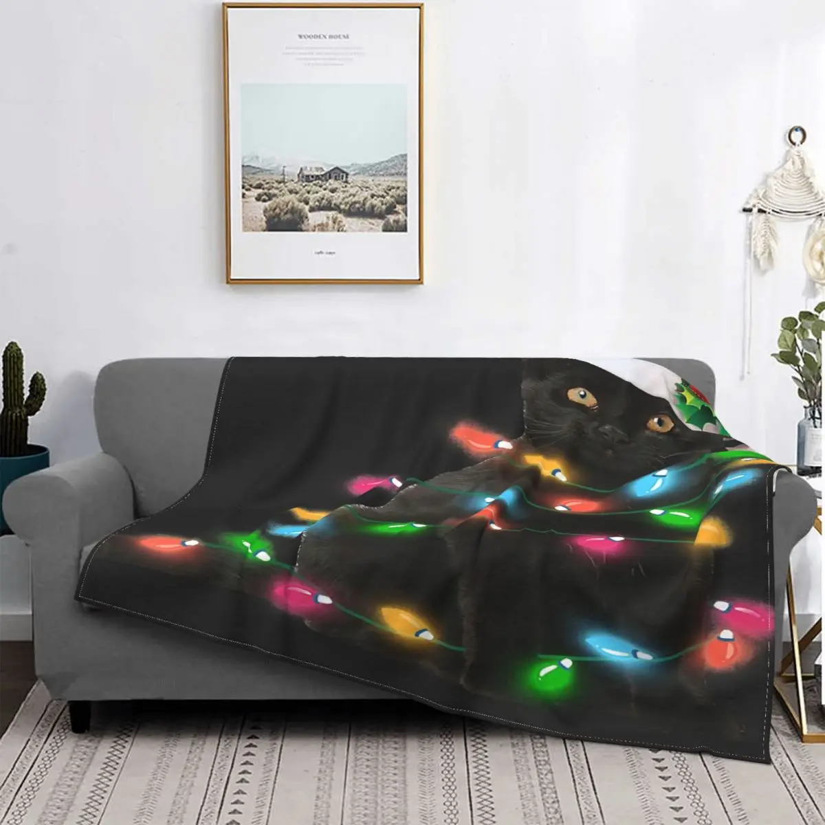 

Camiseta ligera de Navidad con Gato Negro, 3 mantas, colcha de cama a cuadros, toalla de playa a cuadros, toalla de playa de luj