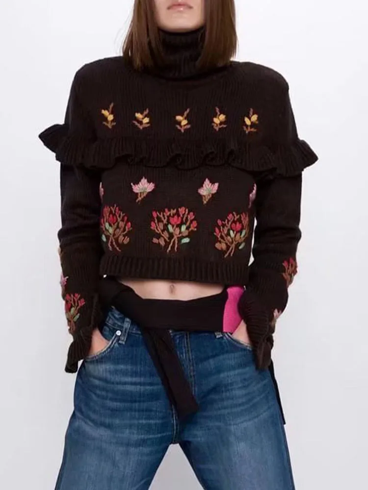 

ZA autumn new product fashion sweet lotus leaf sleeve embroidery laminated decoration high neck long sleeve sweater women
