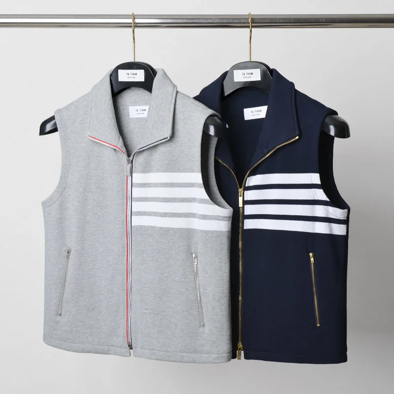 

TB Fashion 2021 THOM Brand Spring Autumn Vest Striped Cotton Casual Jacket Men Slim Turn Down Collar Coat Sleeveless