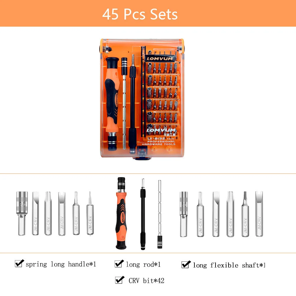 45pcs set LOMVUM набор ручных инструментов бытовой инструмент для ремонта мобильных телефонов Набор инструментов чехол прецизионный Мини магнитный Набор отверток - Цвет: 45pcs set