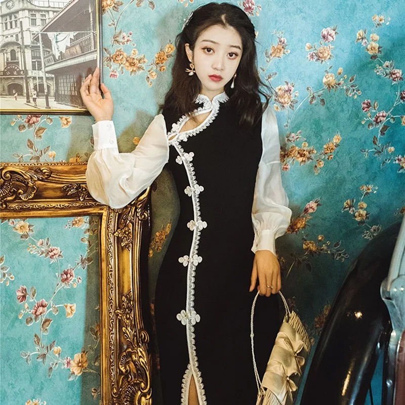

Qipao Traditional Chinese Sexy Oriental Dress Women Modern Chinese Cheongsam Dress Qi Pao Female Black Sexy Asian Dress FF2552