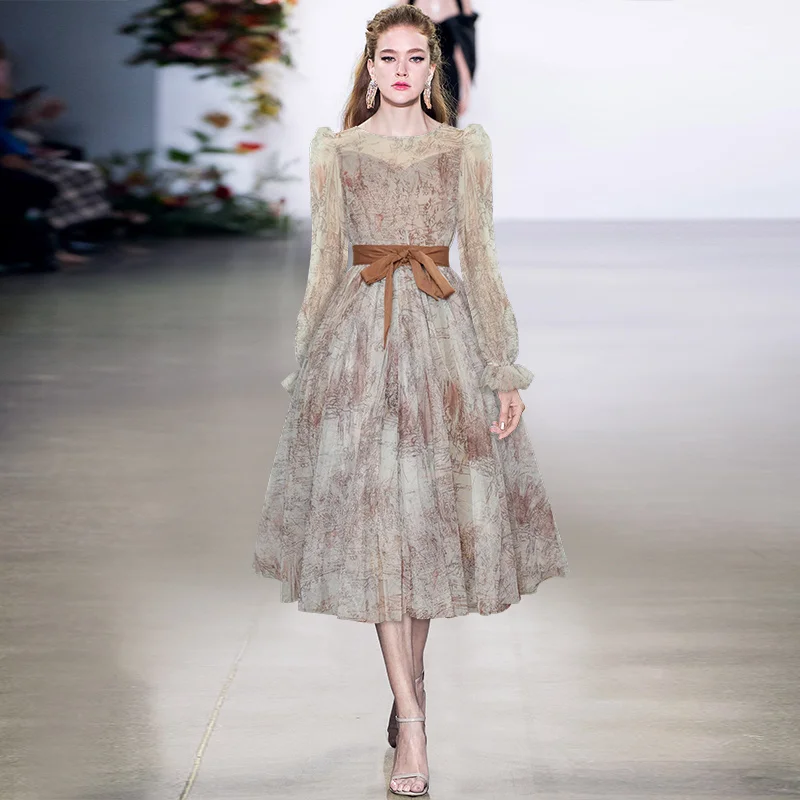 

High Quality Runway Spring Summer New Women'S Net Gauze Printing Long Sleeve Party Vacation Vintage Fashion Elegant Midi Dress