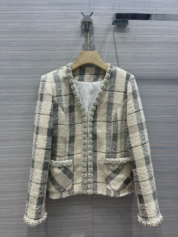 

Elegant Plaid Tweed Coats for Women Top Quality 3D Cut V-neck Long Sleeve Coats Luxury Brand Pearl Edge Slim Jackets Winter 2021