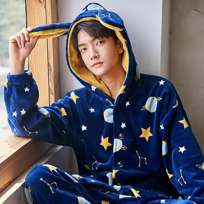 

Winter Rabbit Ear Hooded Flannel Pajamas Casual Warm for Couple Women Men KawaII Peach Print Sleepwear Fox Two Piece Set Pijamas