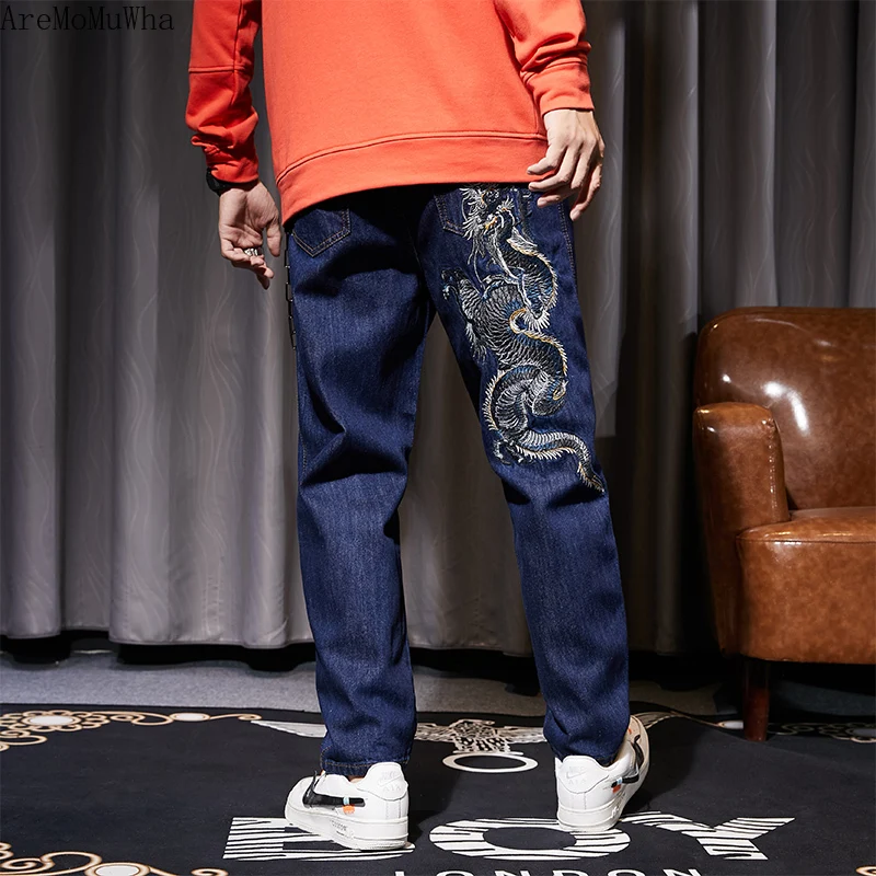 2021 New Chinese Style Dark Blue Embroidery Blue Dragon Jeans Men's Straight Loose Large Size Street School Style  Men Jeans 7XL
