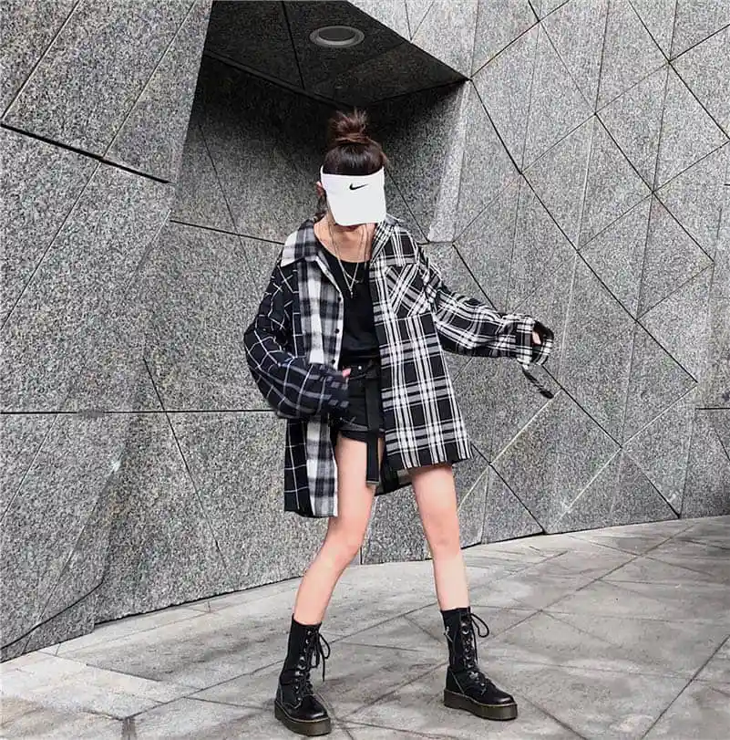 NiceMix Harajuku женские рубашки с длинными рукавами в клетку в стиле пэчворк BF женские блузки с отложным воротником в Корейском стиле Mujer блузка