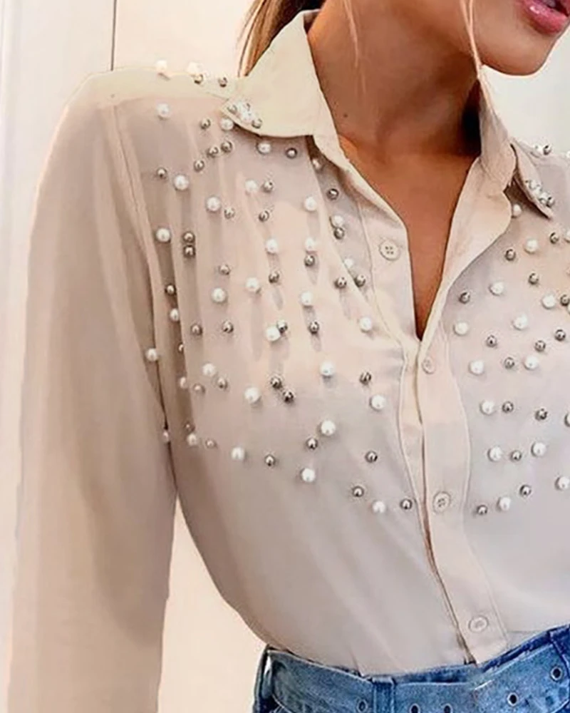 

2021 Autumn Elegant Young Fashion Overalls Women Slim Shirts Office Lady Heavy Industry Beading Joker Chiffon Shirts
