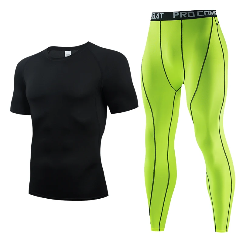 

2021 Men's Gym Clothing Short Running Man Compression tights perspiration Track suit Gym Man T shirt Green Sport Pants S-XXXL