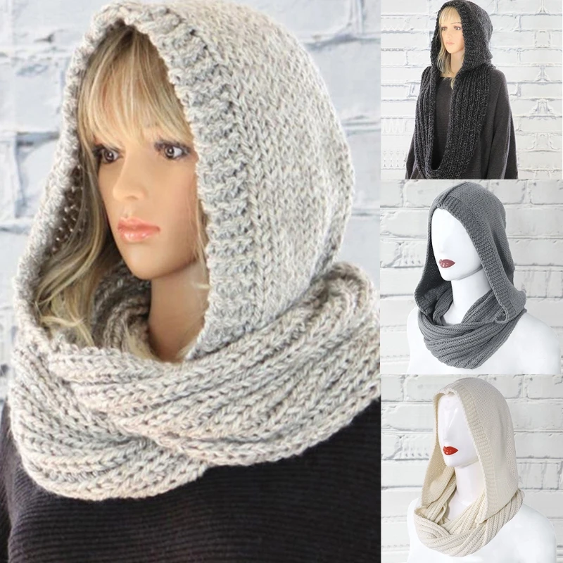 

2021NEW Women Winter Crochet Knit Hood Infinity Scarf Outdoor Windproof Warm Long Shawl Wrap Solid Color Earflap Hat Neck Warmer