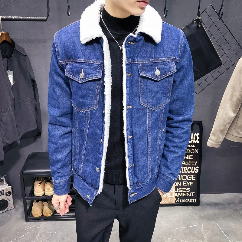 

2019 Winter Men's Denim Jacket Fashion Warm Wool Plus velvet Denim Jacket Thicken Wool Lining Thicken Denim Jacket Plus Size 6XL