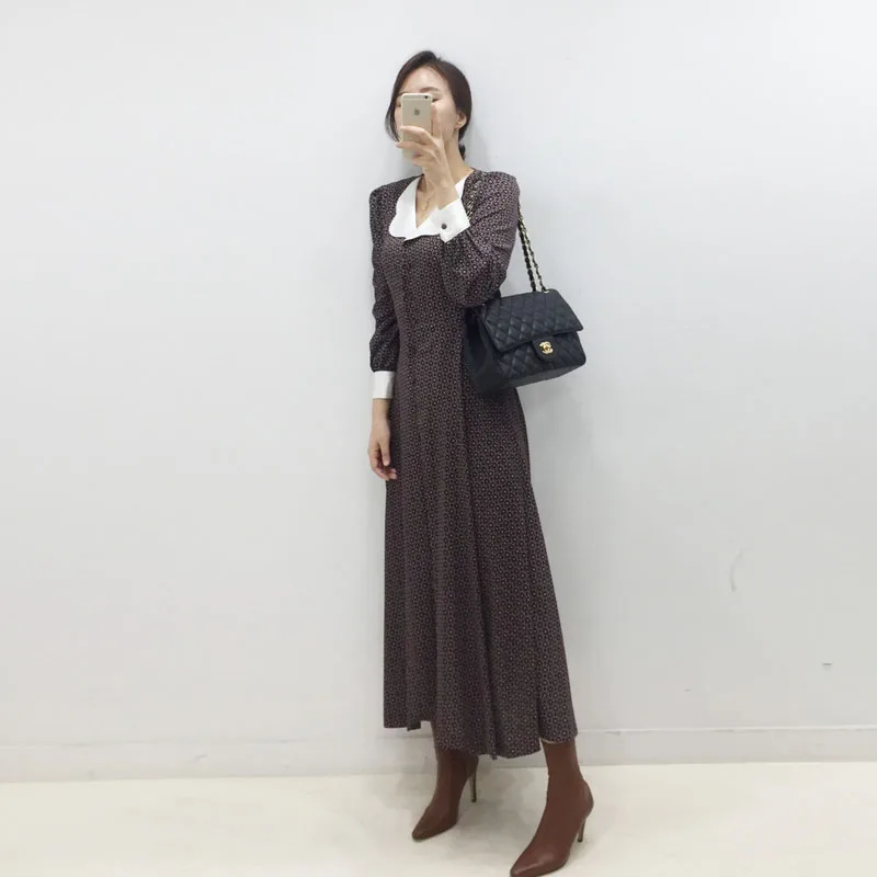 

Chic Korean Printted Dress Women Long Sleeve Casual Single breasted Elegant Party Dresses Vintage Spring New Ka1255