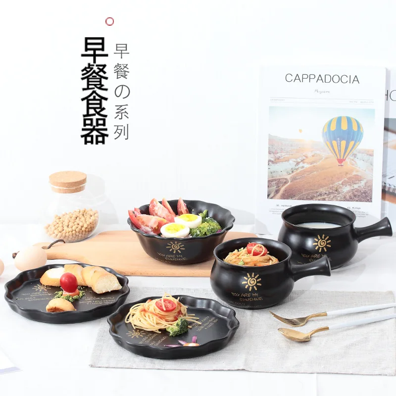 Japanese Style Ceramic Tableware Set 5 Head Household Whole Plates Cute Bowl Rice with Handle Instant Noodle | Дом и сад