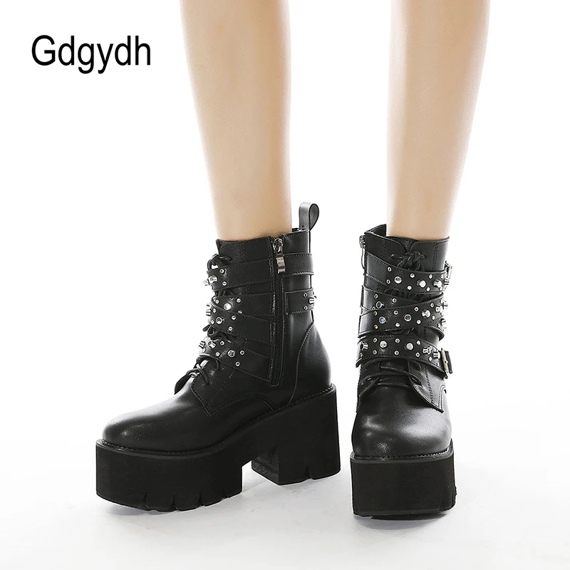 Gdgydh Sexy Rivets Women Gothic Boots Platform Chunky Heels with Zipper Big Size Cosplay Rave Boots of Women Ankle Buckle Strap