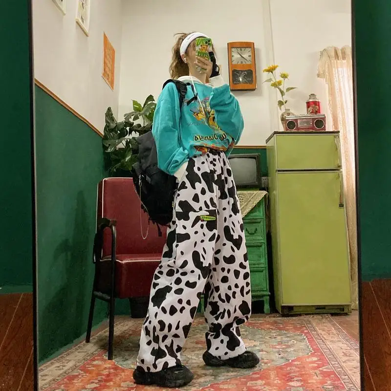 

2021 Cow Print Cargo Pants Women Kawaii Plus Size Wide Leg Trousers For Female Street Style Palazzo Harajuku Oversize Hip Hop